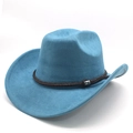 Detail of blue faux suede cowboy hat showing the brown braided band and silver metal buckle - M(56-58cm) / Peacock Blue (Suede)