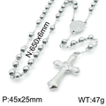Silver 6mm stainless steel beaded rosary necklace with engraved cross pendant - Steel Color Textured Cross Style (KN117698-Z)