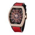 Rose gold tonneau watch with full diamond bezel and red crocodile texture strap - Rose Gold Case Red Strap