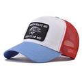 Detail of tricolor trucker hat with fish patch and breathable red mesh back - Adjustable / Lake Blue and White Fish