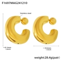 Polished C-shape thick gold earrings with steel balls measuring 41.5mm high and 34.6mm wide - C-Shaped Style (F1697) / Gold C-Shape Hollow Hoop Earrings