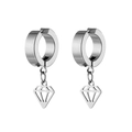 Detail shot of silver stainless steel clip-on earrings with geometric diamond pendants - Clip-On Earrings / Silver