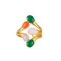 Adjustable gold stainless steel ring with colorful teardrop enamel leaf details - Colorful Waterdrop (ZJ198)