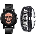 Men's hip-hop watch and bracelet set featuring a 3D skull dial and woven leather strap - Rose Gold / Watch+Bracelet