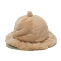 Detail view of khaki faux fur bucket hat with pom-pom and ruffled brim edges - M (56-58cm) / Khaki