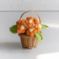 Handmade crochet sunflower in a mini wicker basket, orange petals with green leaves decor - Mini Basket-Orange Flower