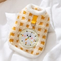 Cozy yellow checkerboard fleece dog vest with cute clock embroidery and D-ring harness - M / Yellow Clock
