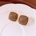 French vintage square earrings with gold frame and brown textured inlay on a white plate - 76# Silver Needle-Gold-Vintage Brushed Square