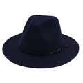 Detail of dark blue felt fedora showing black leather strap and golden metal buckle - Navy Blue (Small Black Leather Belt)