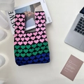 Knitted tote bag with colorful heart patterns in black, pink, green, and blue finish - Three Color Hearts Blue Green