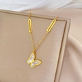 Detail of gold titanium necklace with white mother-of-pearl butterfly pendant on a stand - Gold