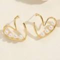 Macro shot of 14K gold plated heart earrings with white pearls and zirconia accents - Heart Pearl Earrings