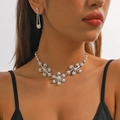Luxury silver flower necklace and long earrings set with pearls and rhinestones - Pearl Flower Style (DTN14026862S)
