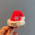 Mini red felt Christmas hat hair clip with gold Merry lettering and snowflake charm - Snowflake Santa Hat Clip