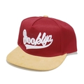 Detail view of Brooklyn NYC 3D embroidery on maroon and khaki flat brim snapback hat - M (56-58cm) / Red and Yellow