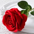 Single red velvet artificial rose flower with stem on vintage white ceramic plate - 10cm / Large Velvet Red