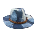 Wide brim sun hat featuring patchwork blue denim fabric and brown beaded decorative band - One Size / Light Blue (Denim Brown Wood Beads)