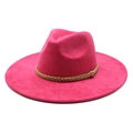 Detail of fuchsia wide-brim fedora hat featuring a brown braided leather cord trim - M (56-59cm) / Rose Red (Suede Texture)