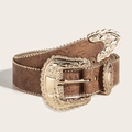 Vintage brown embossed leather belt with ornate gold buckle and metallic beaded edges - Brown (Gold Clasp)