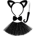 Panoplie chat noir 4 pièces avec tutu à étoiles, serre-tête, nœud papillon et queue - Serre-tête Oreilles de Chat Et Nœud Papillon Et Queue de Chat Et Jupe Tutu à Paillettes Pentagramme