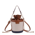 Chic two-tone bucket bag in brown leather and beige canvas with pearl handle and logo - Black