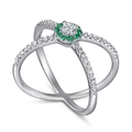 Crossed 925 sterling silver ring with white zircon center and green gemstone halo - Tl-485