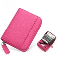 Fuchsia genuine leather RFID blocking accordion card holder with silver zipper closure - JP-6001 Style / Rose Red