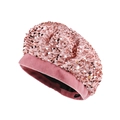 Pink sequin beret with rose gold shimmer and soft velvet rim for a trendy fashion look - M (56-58cm) / Pink