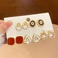 Set of 5 elegant gold-plated stud earrings with pearls and enamel for women - 5 Pairs Set-Floral Geometric (7#)