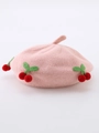 Pink knit baby beret with cute 3D red cherry accents and soft wool texture - 44-48CM (Recommended 5 months-2 years old) / Pink