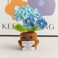 Blue crochet emotional support plant doll with motivational sign for positive desk decor - Forget-Me-Not Gradient Blue