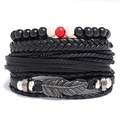 Juego de pulseras de cuero trenzado multicapa con cuentas de madera y colgante de pluma - Set de 4 piezas