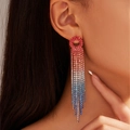 Long rhinestone tassel earrings with multi-color gradient fringe in blue and red - Red Orange White and Blue Gradient (KE023R-W-BU)