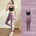 High-elastic yoga set with black sports bra and purple skirt leggings for fitness and running - S / Two-Piece Set (Bra + Skort Leggings) / Star Black + Berry Purple