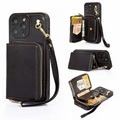 Black leather crossbody wallet case for iPhone 15 Pro Max with zipper card holder - Black