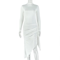 Detail of white long sleeve slim dress showing side ruching and asymmetrical hemline - S / White