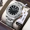 Silver stainless steel men's watch with black horizontal dial and diamond bezel - Silver Steel Black Dial