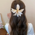Elegant cream-colored large fabric flower hair clip styled on a woman's long hair - 37# Duckbill Clip - Beige - Multi-layer Petal Style