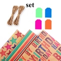 Brown kraft birthday gift wrap set with colorful patterns, hemp ropes and gift tags - Wrapping Set 1 / 44X100CM