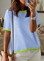 Detail of blue and white striped knit top with neon green ribbed trim on cuffs and hem - S / Blue Stripe Short Sleeve