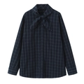 Camisa de popelina a cuadros para mujer en azul marino y verde con lazo grande en el cuello - XS / Cuadros Azul Marino