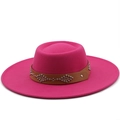 Detail of rose pink wool fedora featuring a brown leather band with silver metal studs - M / Rose Red