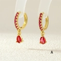 French style golden water drop earrings featuring elegant red zircon gemstone dangles - Red