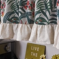 Detail of floral linen curtain with green leaves, red flowers and beige ruffled hem - 150x45cm / Green Plant Ruffle Hook Style Tier