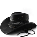 Black western cowboy hat with mesh panels and brass stud detailing in high-quality leather - M(56-58cm) / Black