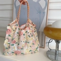 Floral print tote bag with orange woven handles and drawstring in white and pink - Yellow Peony