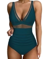 Slimming dark green one-piece swimsuit featuring sexy mesh cutouts and waist ruching - Blue