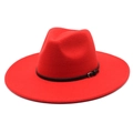 Detail of red wool fedora hat featuring a black faux leather band and silver metal buckle - M(56-58cm) / Red