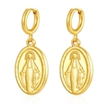 Golden oval pendant earrings with religious relief and secure clip closure - Goddess (MS-688) / Gold
