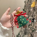 Handmade green flocked Christmas tree pendant with woven lanyard and festive red bow - Green Christmas Tree (Necklace-Green-Red)